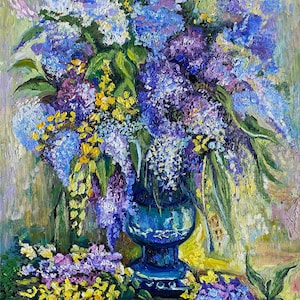 Lilás. Pintura a óleo original em cartão duro 15,5" por 11,5" Pintura floral Buquê de flores arte de parede Para ela Presente de aniversário para esposa Mulheres
