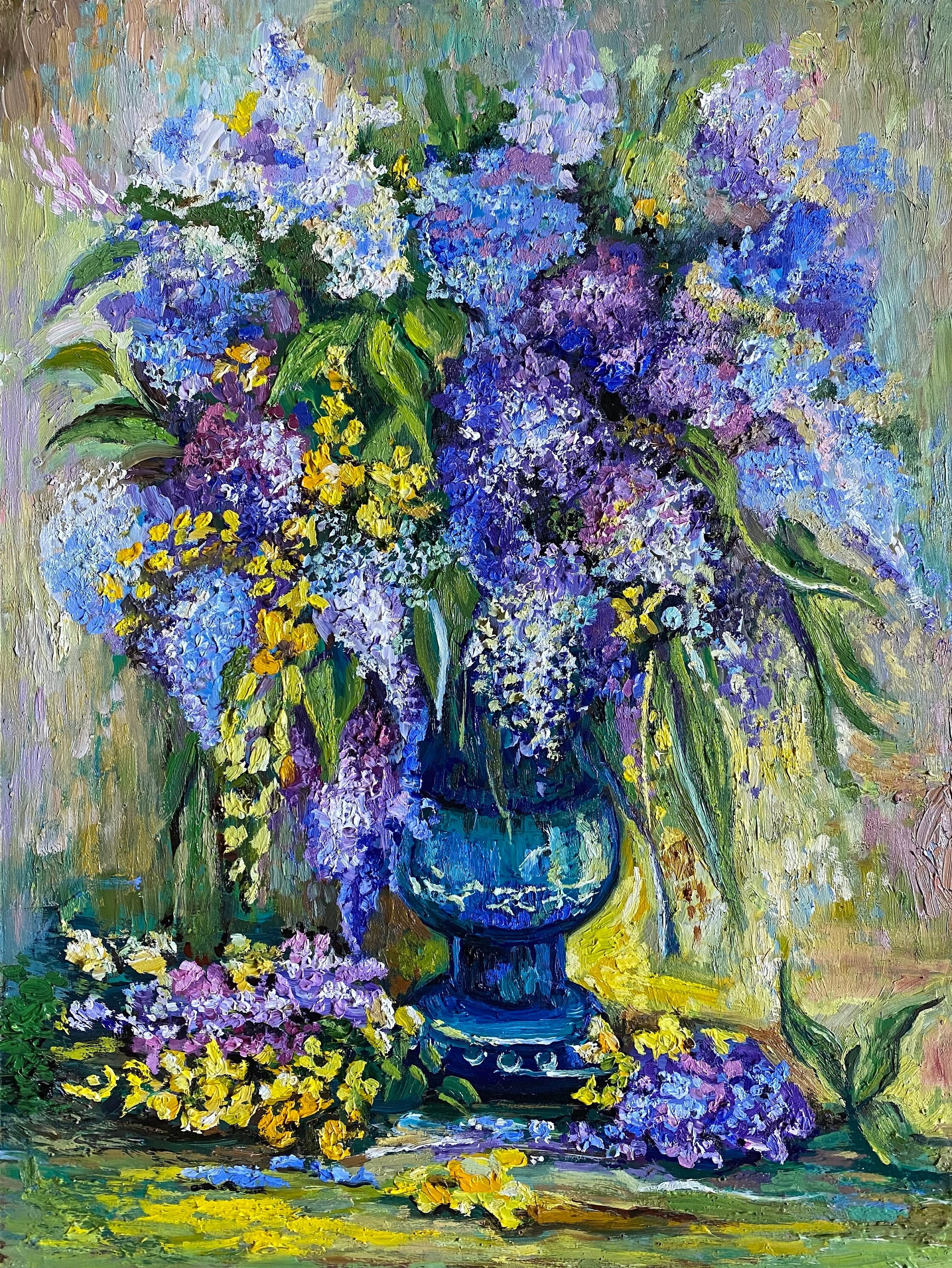 ライラック色の油絵：花束の静物画、表現主義アート（15.5インチ×11.5