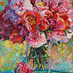 Peônias Natureza morta floral Pintura a óleo original sobre cartão duro 11,8" por 15,7" (30 x 40 cm) Decoração de parede Impressionismo