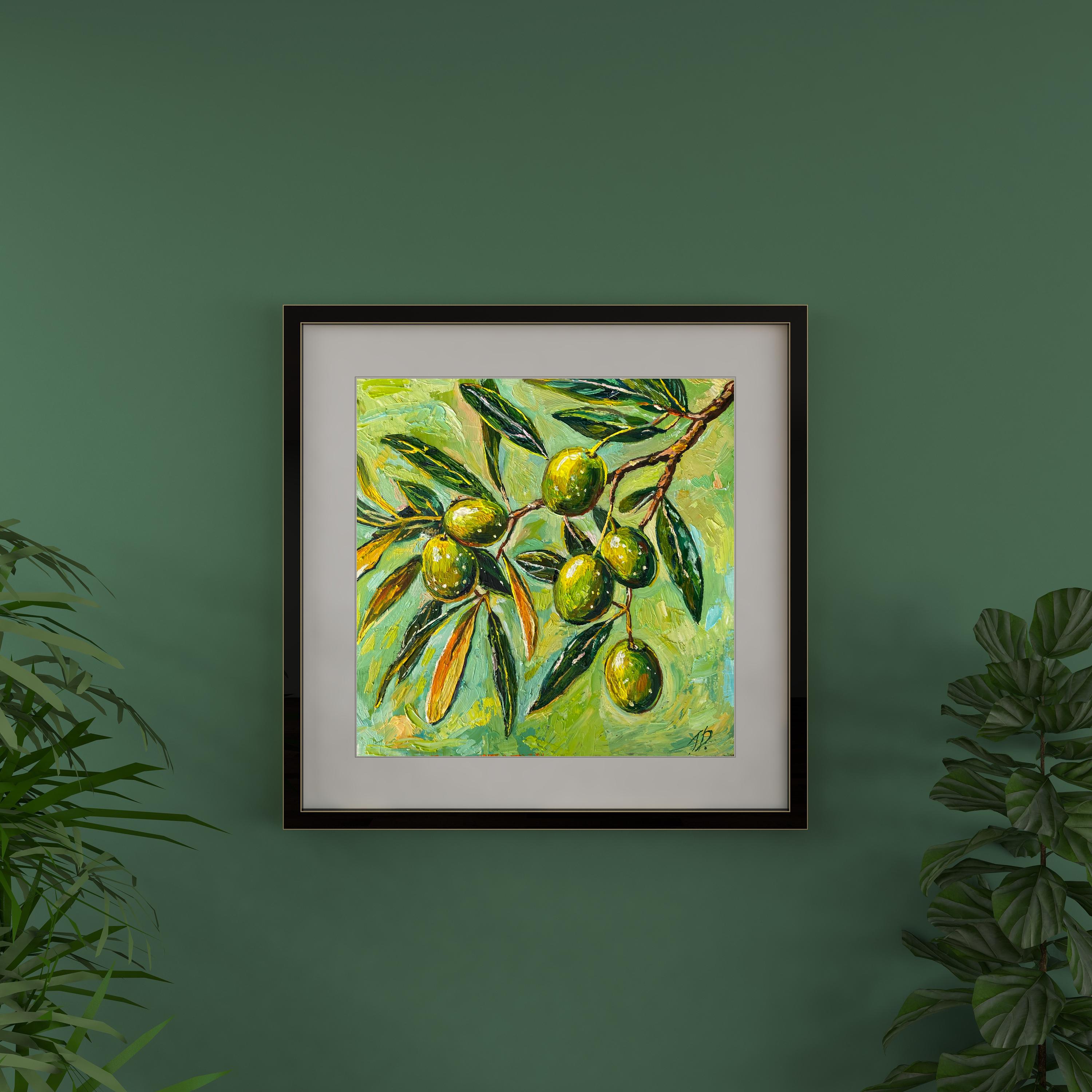インパスト技法を用いたオリーブの枝の油絵：キッチンの壁飾り、植物