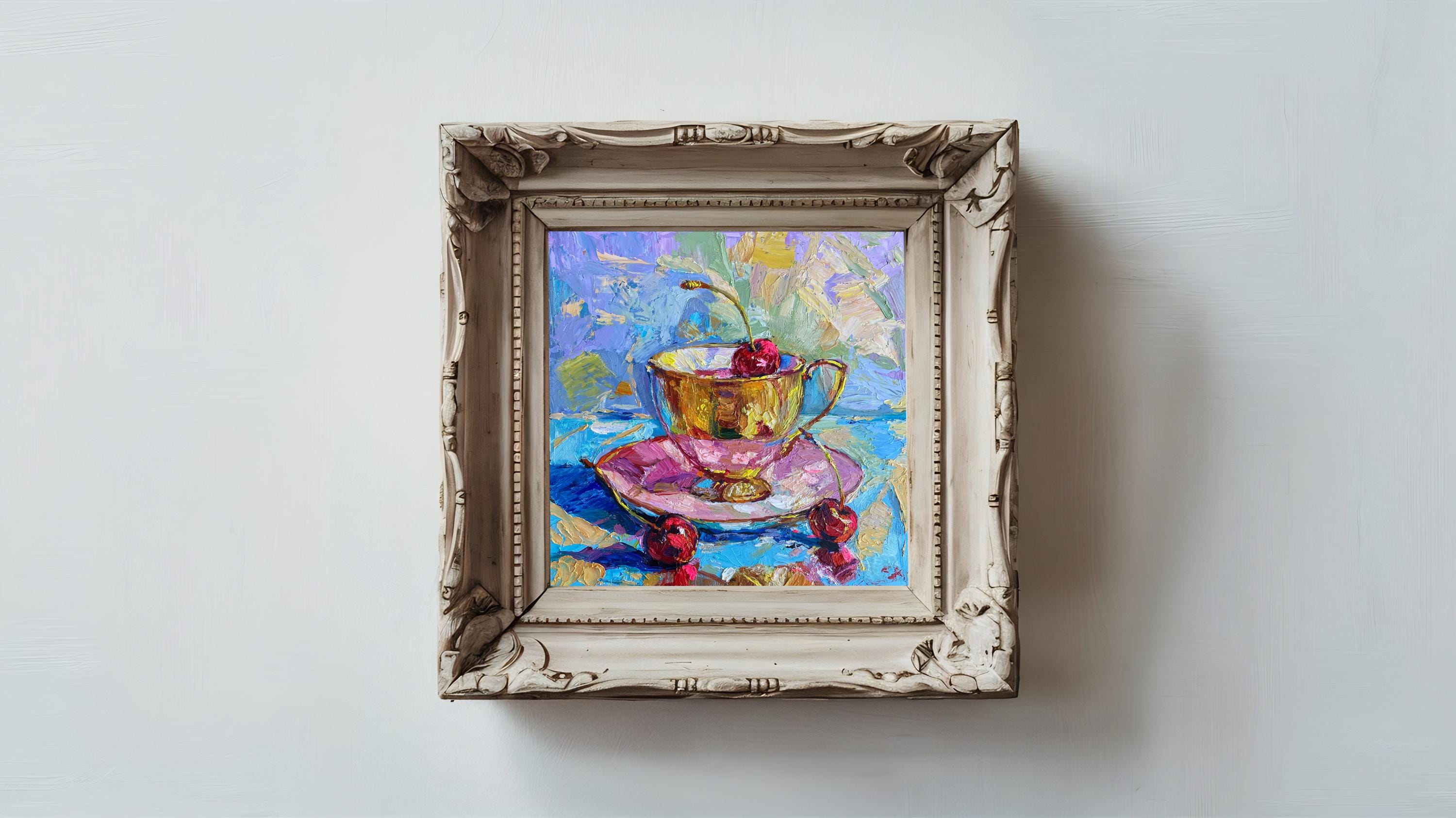 チェリーのティーカップ油絵：印象派のオリジナル静物画、カラフルな