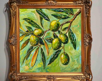 インパスト技法を用いたオリーブの枝の油絵：キッチンの壁飾り、植物