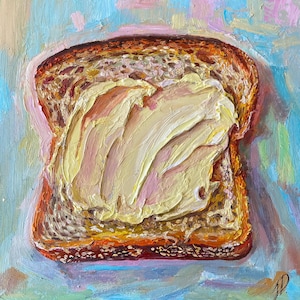 Bread and Butter Painting  Original oil Artwork Impasto Painting Breakfast Art Small Kitchen Food Decor