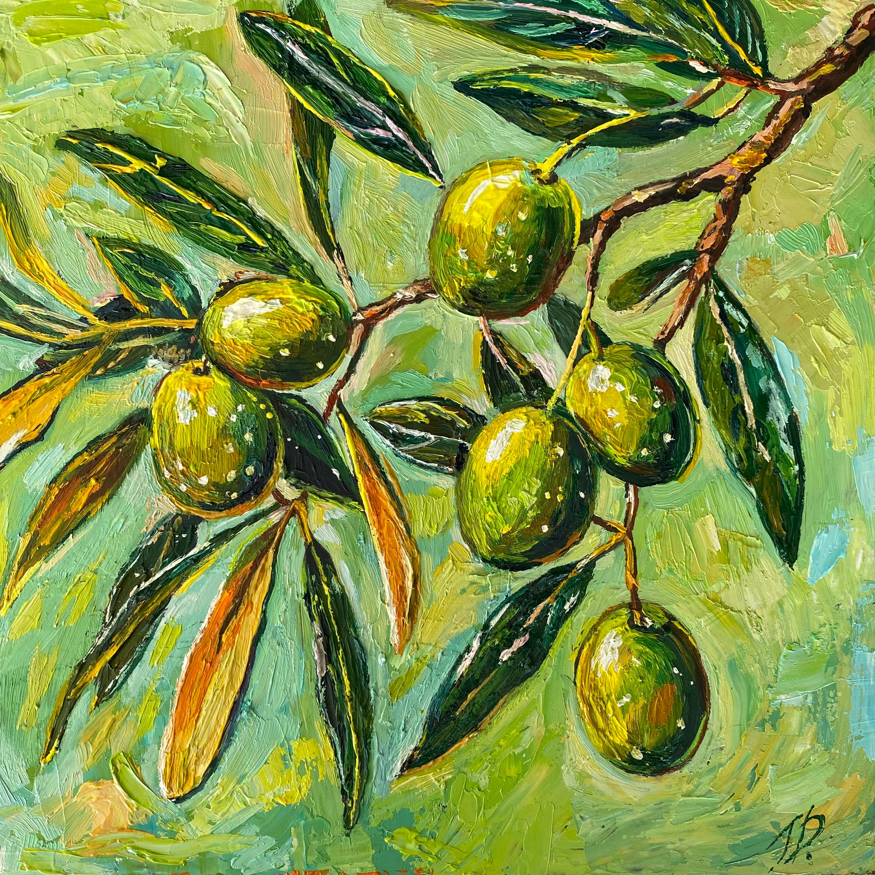 オリーブの枝 油彩画 インパスト技法を用いたオリーブの枝の油絵：キッチンの壁飾り、植物