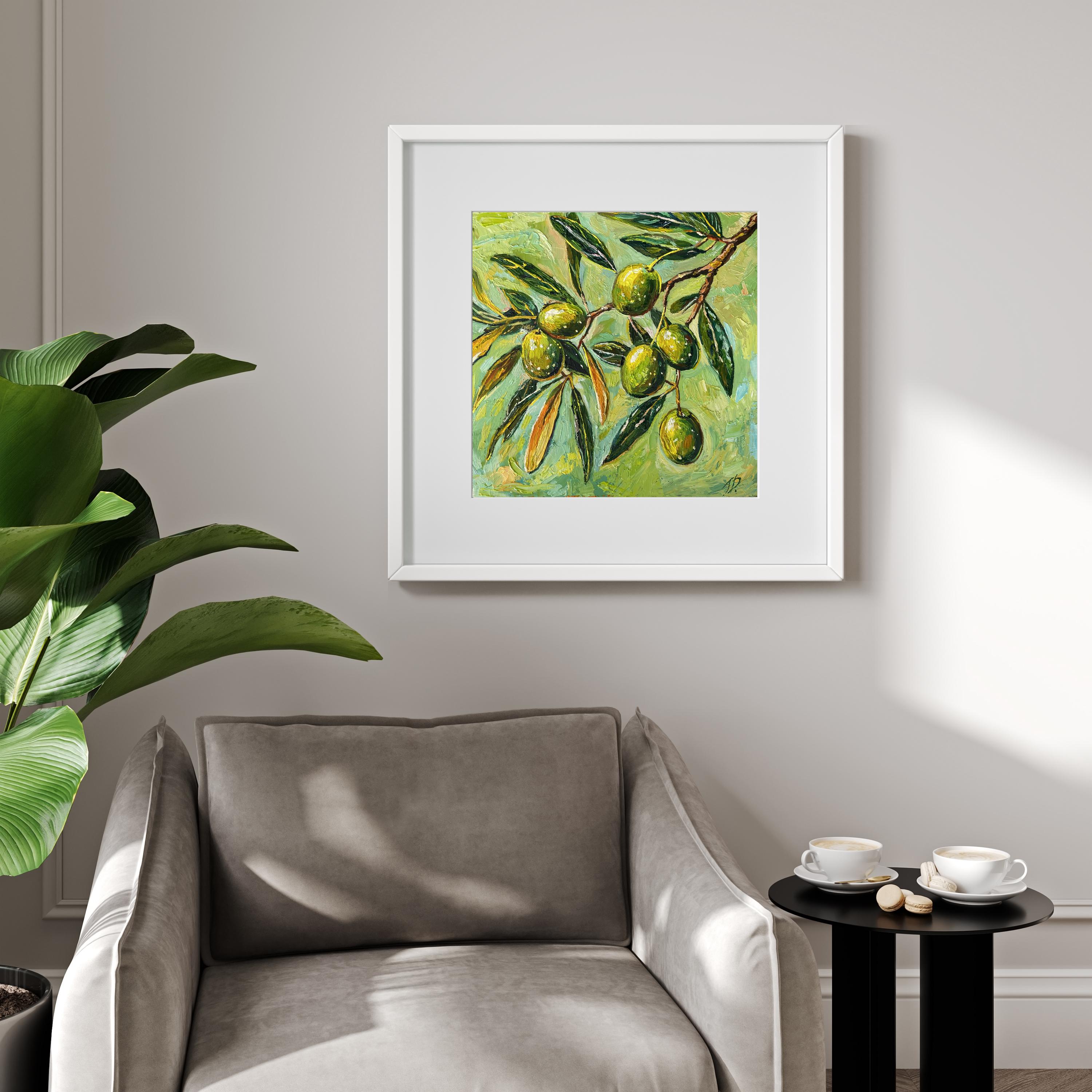 インパスト技法を用いたオリーブの枝の油絵：キッチンの壁飾り、植物
