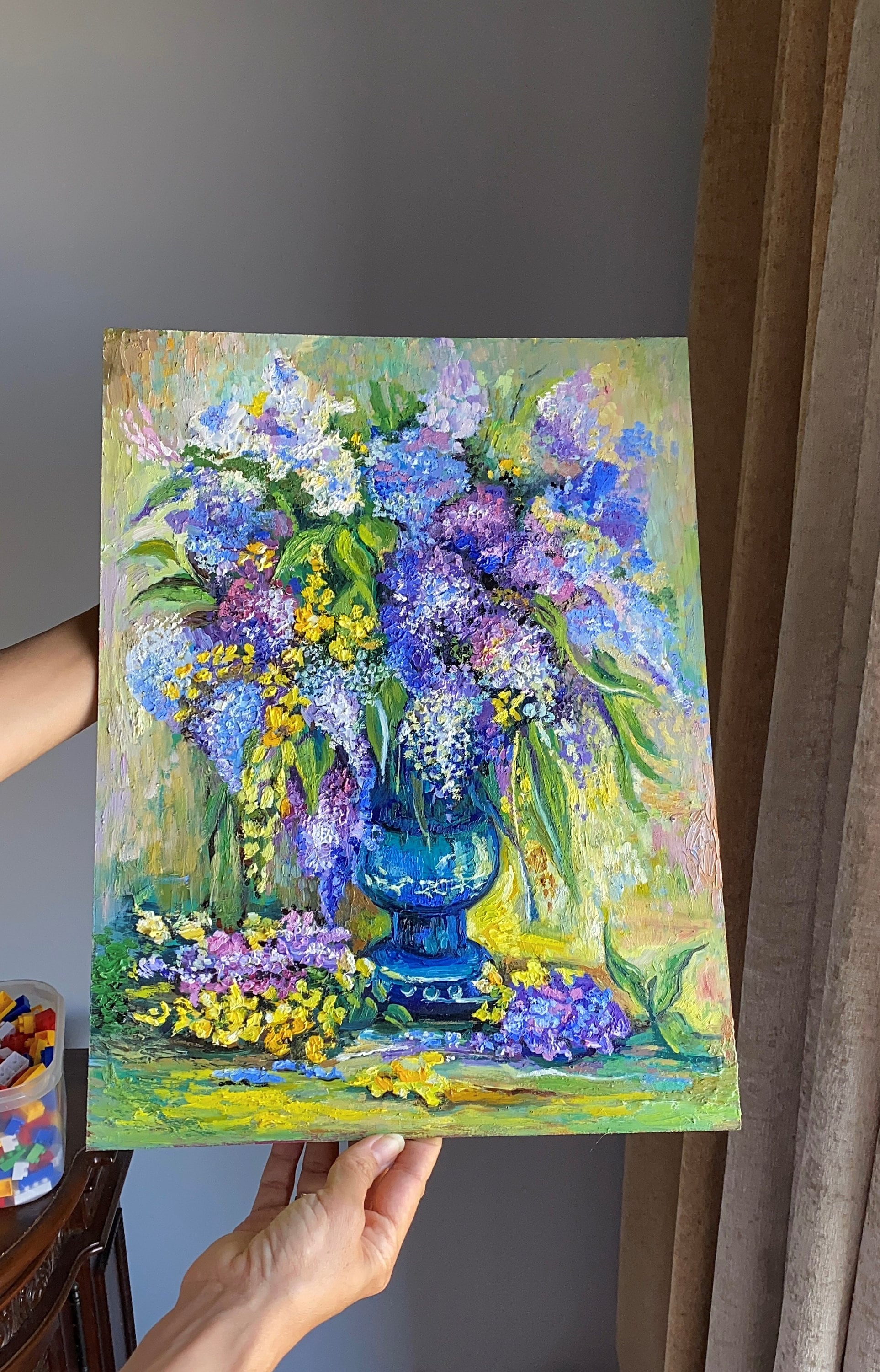 ライラック色の油絵：花束の静物画、表現主義アート（15.5インチ×11.5