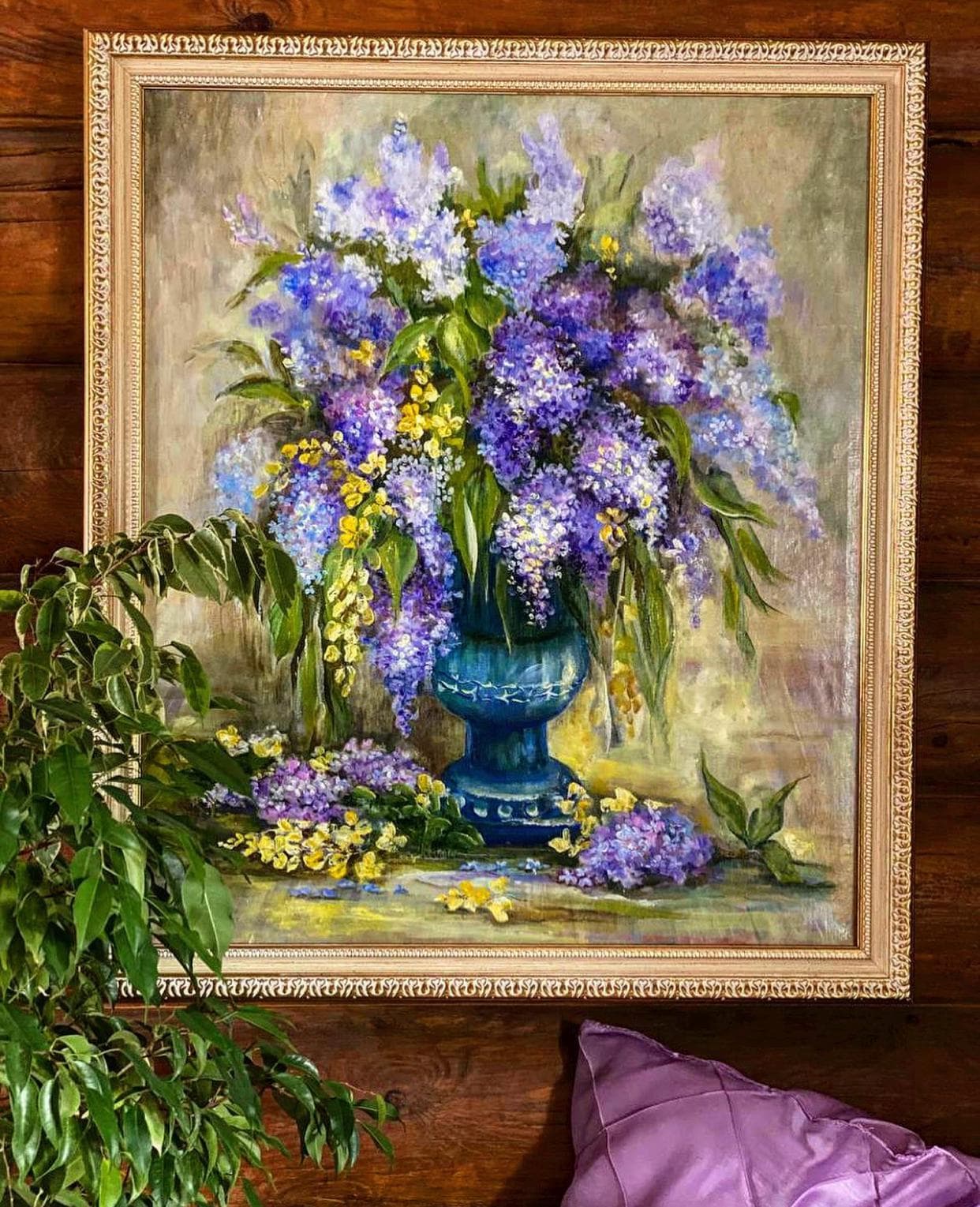 ライラック色の油絵：花束の静物画、表現主義アート（15.5インチ×11.5