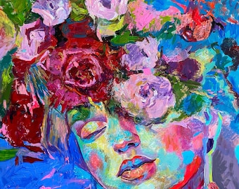 小川のほとりで - ウィリアム・ブグローの手描き油絵複製、花輪を持っ