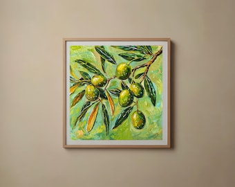 インパスト技法を用いたオリーブの枝の油絵：キッチンの壁飾り、植物
