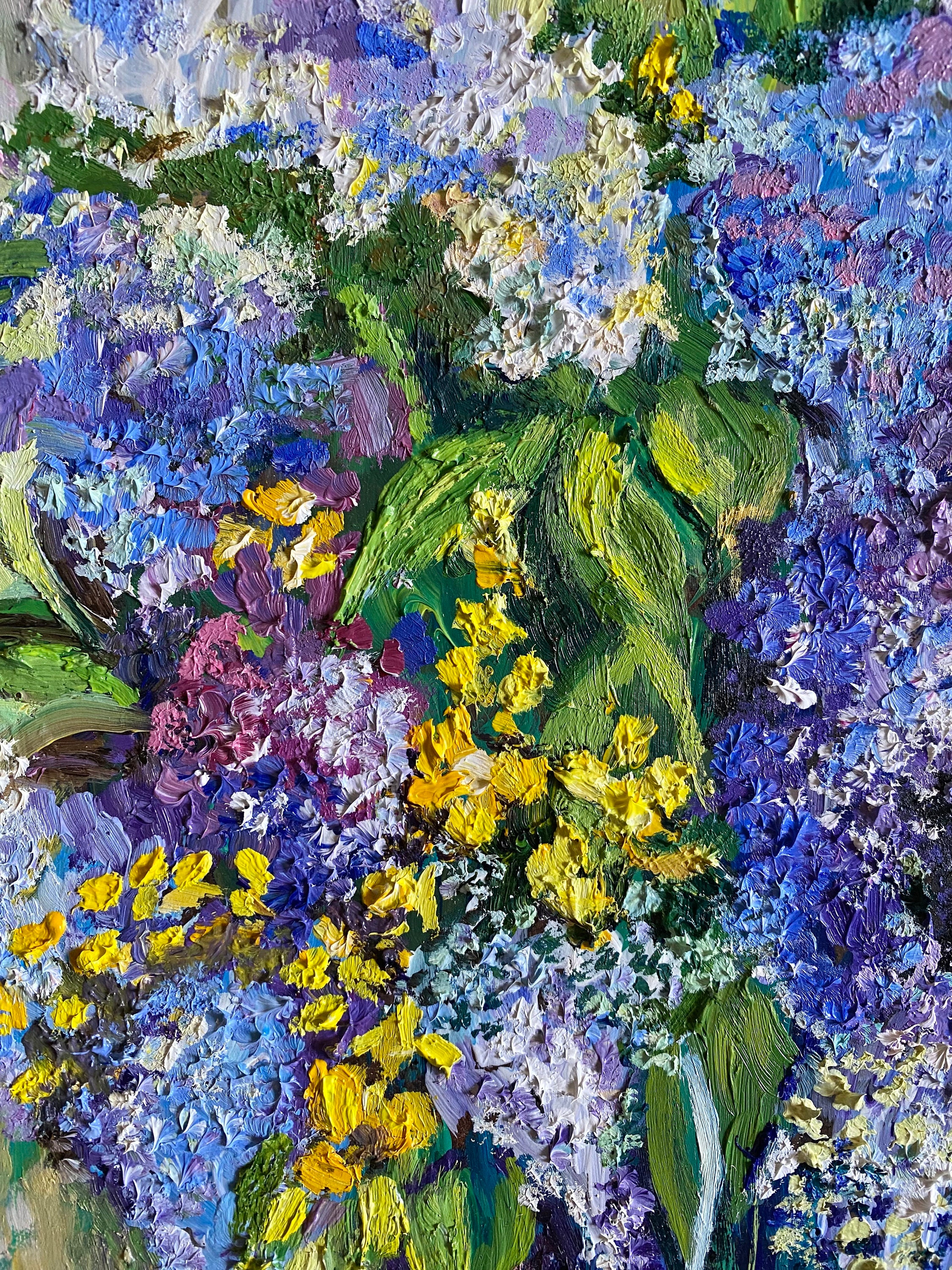 ライラック色の油絵：花束の静物画、表現主義アート（15.5インチ×11.5