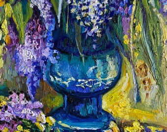 ライラック色の油絵：花束の静物画、表現主義アート（15.5インチ×11.5