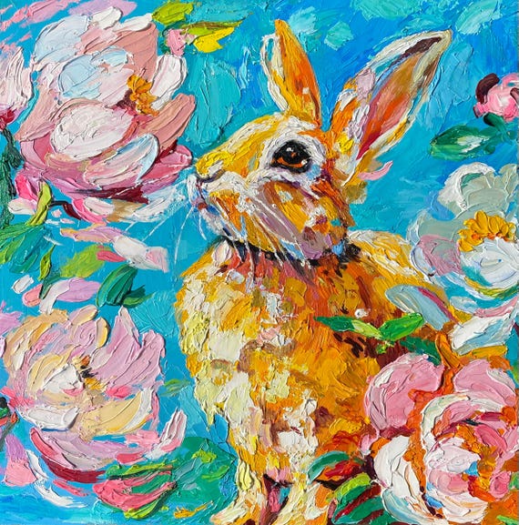印象派のウサギの絵画：花のウサギのオリジナル油絵（9.8インチ×9.8