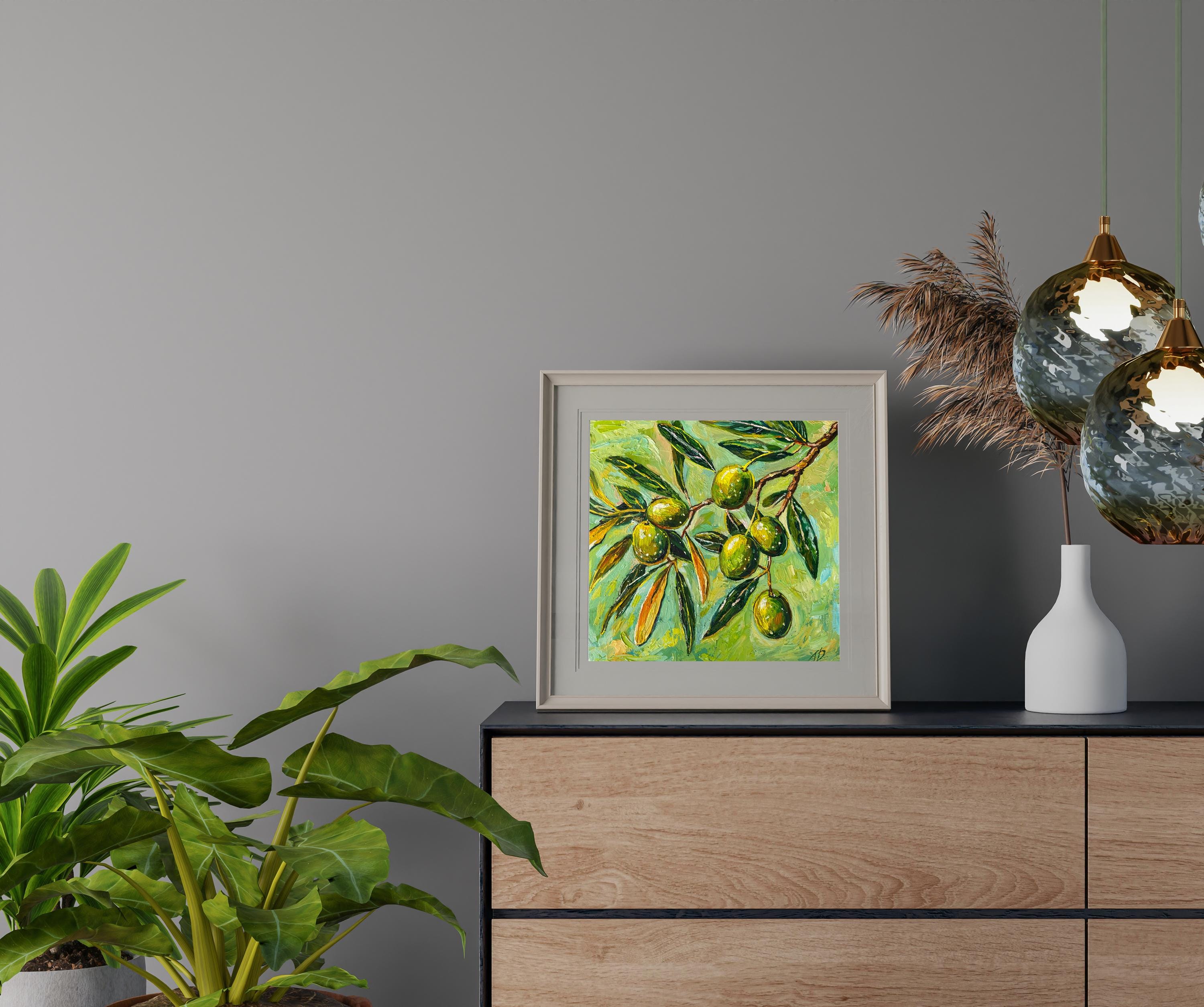 インパスト技法を用いたオリーブの枝の油絵：キッチンの壁飾り、植物