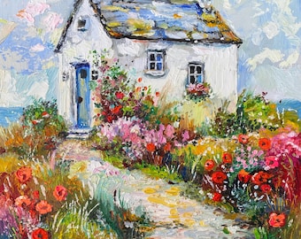 Impasto Oil Painting: Cottage Garden, Farmhouse Wall Art