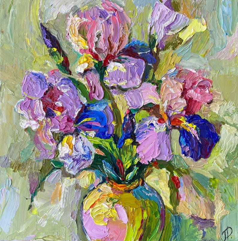 Impasto Iris Bouquet Oil Painting: Textured Floral Still Life - Etsy