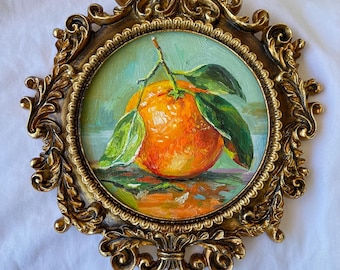 Miniature Mandarin Oil Painting: Signed Original Still Life in Ornate Gold Frame