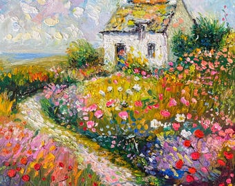 Irish Cottage Impasto Painting: Blooming Wildflower Landscape, Thick Texture Oil Painting, Cottagecore Wall Art
