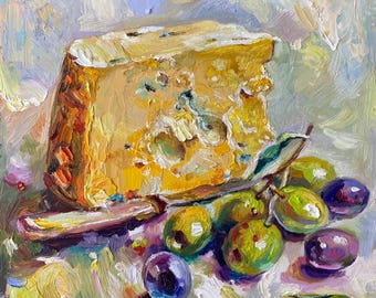 Peinture à l'huile de nature morte au fromage et aux olives : art de la cuisine impressionniste