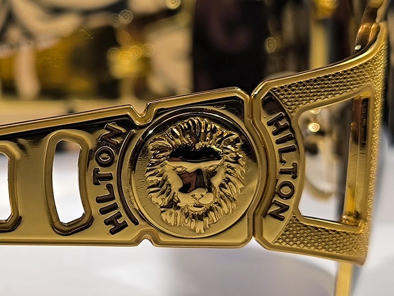 May include: Close-up of gold-colored sunglasses with the word "HILTON" on the frame. The sunglasses feature a lion's head emblem in the center. The frame has a textured design.