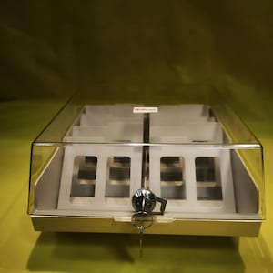 Peut inclure: Une boîte de rangement pour fiches rectangulaire beige avec un couvercle en plastique transparent et un mécanisme de verrouillage central en métal. L'intérieur comporte des séparateurs blancs. Une clé argentée est insérée dans la serrure.