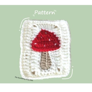 Puede incluir: Un cuadrado de crochet con un diseño de hongo rojo y blanco. El cuadrado es blanco con un tallo marrón y una tapa roja con manchas blancas. El texto "Pattern" está sobre el cuadrado.