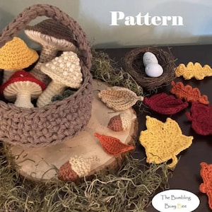 MUSHROOM and LEAVES FORAGING bundle crochet pattern (w/ small Macrame basket)- Digital pdf instant download