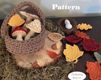 MUSHROOM and LEAVES FORAGING bundle crochet pattern (w/ small Macrame basket)- Digital pdf instant download