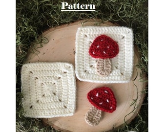 MUSHROOM GRANNY SQUARE (Classic Granny Square and Mushroom Applique) Crochet Pattern- Digital Pdf instant download - with video tutorials!