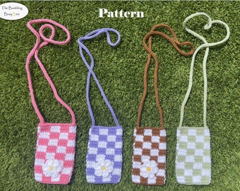 CHECKERED CROSSBODY BAG w/ optional daisy flower applique crochet pattern - Digital Pdf instant download (Including Full video tutorials)