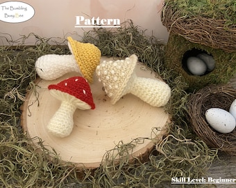 Può includere: Quattro giocattoli amigurumi a forma di fungo all'uncinetto in diversi colori, tra cui rosso, bianco, giallo e beige. I funghi sono appoggiati su una fetta di legno con muschio e un nido di uccello sullo sfondo. Il testo "Pattern" è scritto sopra i funghi. Il testo "Skill Level: Beginner" è scritto sotto i funghi.
