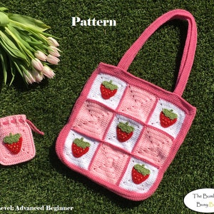STRAWBERRY TOTE BAG and Drawstring Pouch 2 in 1 Bundle crochet pattern - Digital Pdf instant download (Including several video tutorials!!!)