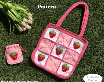 SAC FOURRE-TOUT FRAISE et pochette à cordon 2 en 1 Bundle crochet pattern - Téléchargement instantané numérique Pdf (y compris plusieurs didacticiels vidéo !!!)