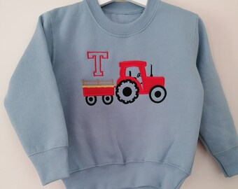 Children's embroidered tractor sweatshirt, personalised. Farm birthday sweatshirt. Red, blue or pink tractor.