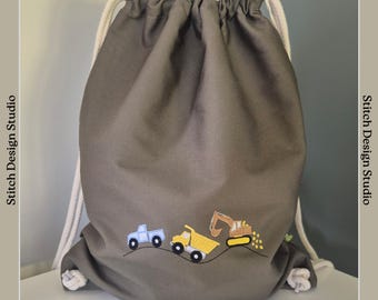 Personalised Embroidered Drawstring Bag with construction vehicles.