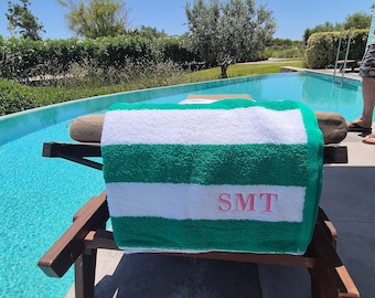 Personalised embroidered beach towel, swimming towel, green, blue, red, orange and grey. Add initials or name. Customised.