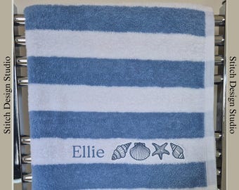 Embroidered beach towel, personalised with name or initials. Seashell and starfish design. Swimming towel. Customised.