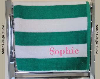Clearance embroidered beach towel, swimming towel, green with the name Sophie embroidered in pink thread