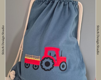 Tractor Drawstring Bag: Embroidered and Personalised Cotton PE Bag