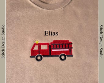 Personalised Kids Fire Engine Sweatshirt: Embroidered Cotton Jumper