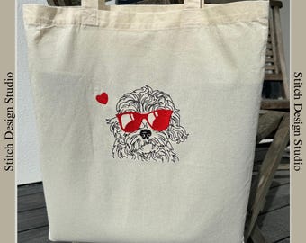 Embroidered dog Tote Bag with sunglasses - Ideal Gift for Her. Dog tote bag. Personalise.