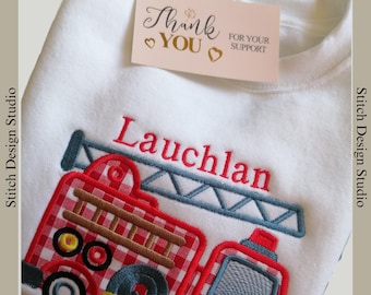 Personalised fire engine sweatshirt. Children's clothing. Birthday gift.