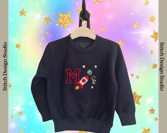 Clearance. Children's Space sweatshirt- Rocket, spaceman, stars and planet. Personalised gift