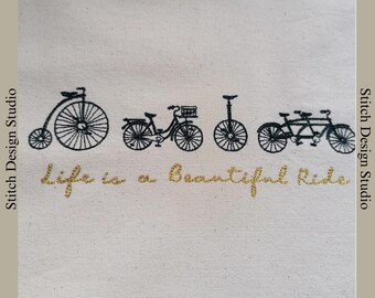 Embroidered bicycle tote bag. Vintage bikes, classic bikes. Penny farthing, unicycle.