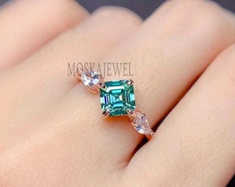 Blue Green Moissanite Engagement Ring 1.50 Ct Blue Asscher Cut Moissanite Three Stone Wedding Ring Solid 10K Yellow Gold Anniversary Gift