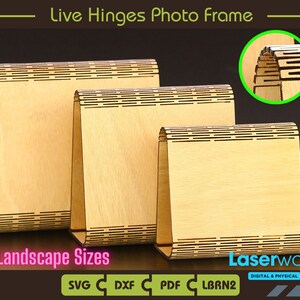 May include: Three wooden photo frames with a live hinge design. The frames are in landscape orientation and are available in three sizes. The frames are made of natural wood and have a light brown color.