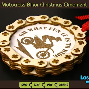 Ornamento per albero di Natale con motociclista da motocross, catena per bici con ornamento a pignone, catena per motocicletta, file digitale, file Lightburn, file Glowforge