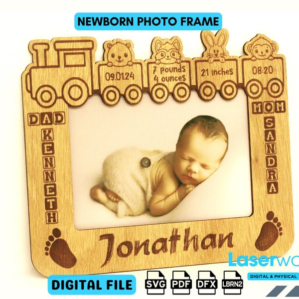 Photo frame - Child metrica - Digital File - Birth details - Laser cut files - svg files - dxf files. Digital pattern. Lightburn Files - pdf