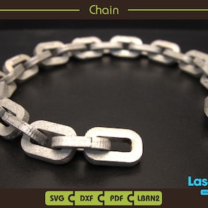 Puede incluir: Una cadena de color plateado con eslabones rectangulares, dispuesta en forma curva. La palabra "Chain" está en la parte superior de la imagen. El logotipo de Laserways está en la esquina inferior derecha. Iconos de tipo de archivo SVG, DXF, PDF y LBRN2 en la parte inferior.