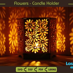 花のキャンドルホルダー - ティーライトランタン - デジタルファイル - SVG - pdf - lbrn2 - dxf - Lightburn ファイル - Glowforge ファイル
