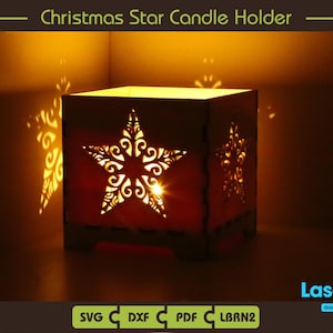 Kerstster kaarshouder, theelantaarn, digitaal bestand, SVG, pdf, lbrn2, dxf, Lightburn-bestanden, Glowforge-bestanden, bestanden snijden